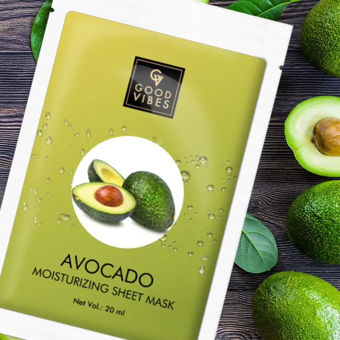 Good Vibes Avocado Moisturizing Sheet Mask | Hydrating, Anti-Bacterial, Softening | No Animal Testing (20 ml)