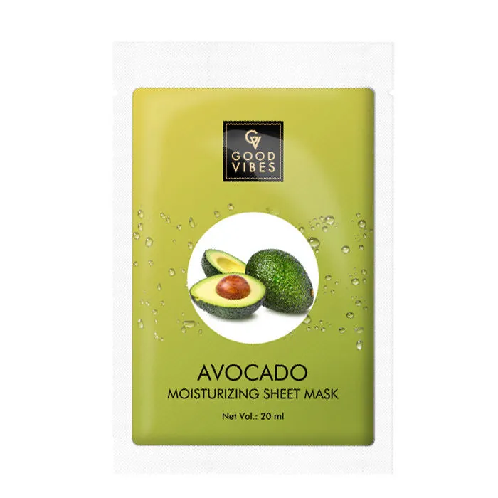 Good Vibes Avocado Moisturizing Sheet Mask | Hydrating, Anti-Bacterial, Softening | No Animal Testing (20 ml)