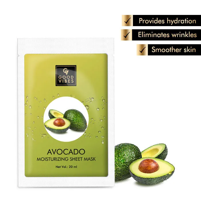 Good Vibes Avocado Moisturizing Sheet Mask | Hydrating, Anti-Bacterial, Softening | No Animal Testing (20 ml)