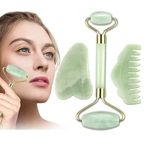 Gua Sha Stone and Jade Face Roller Massager,3 Pack Facial Ice Roller & Gua Sha Facial Tool &Jade Hair Comb,100% Real Natural Jade Stone Skin Care Tool,Anti-Ageing, Slimming